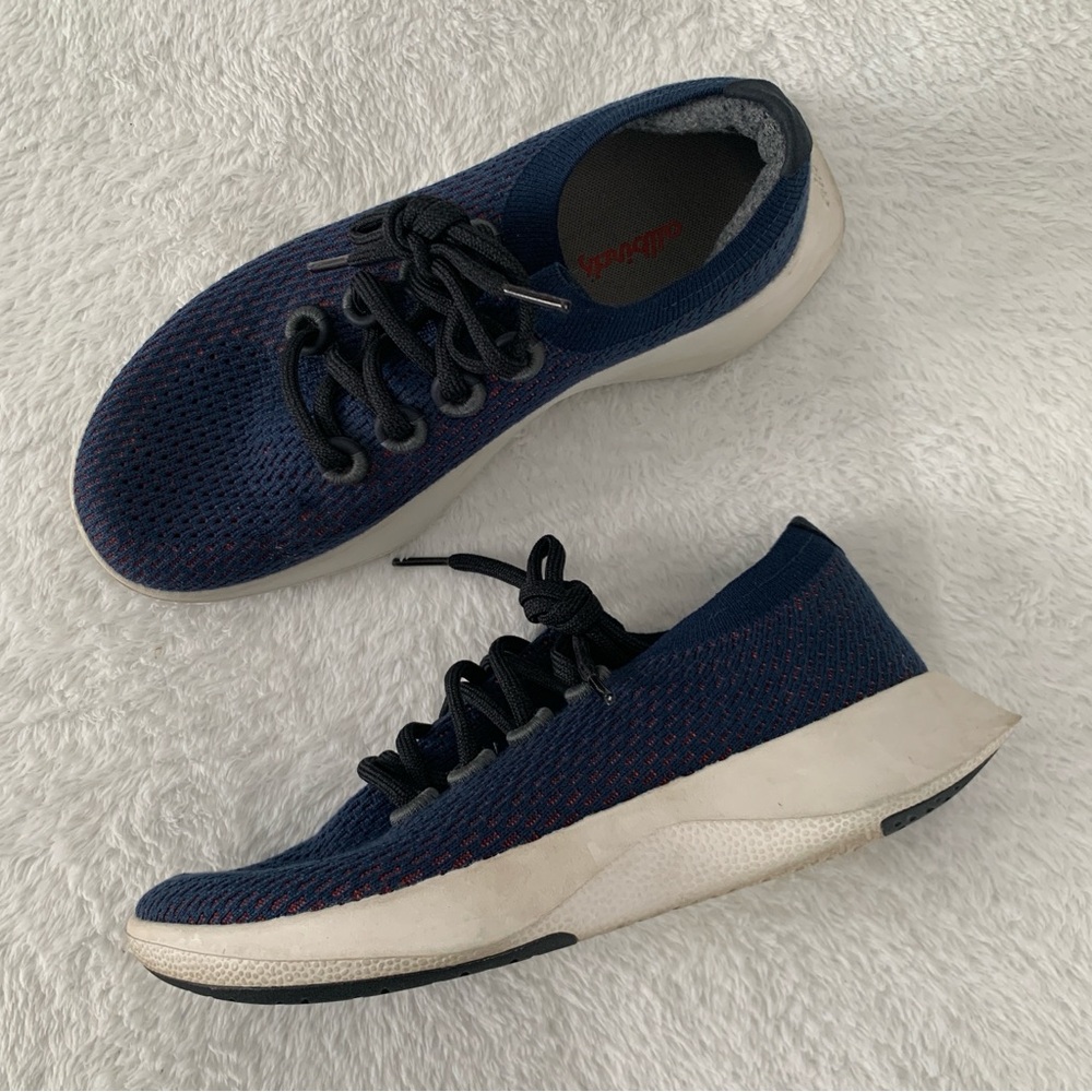 Women’s 7 ALLBIRDS Tree Dasher Navy Blue & Orange Mesh Wool Running Sneakers